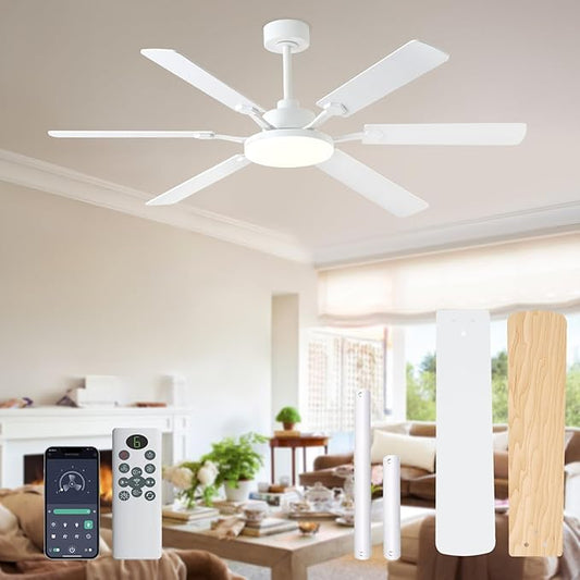 60 Inch Ceiling Fans with Lights, Large Modern White Ceiling Fan with Light and Remote Control, 6 Double Sided Blades, 6 Speed Reversible Motor, Dimmable LED, Silent Timing, Indoor Outdoor Patio Use