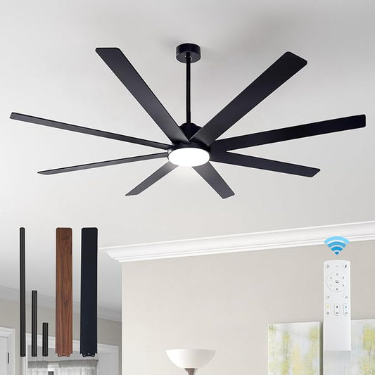 Minislak 72Inch Large Black Ceiling Fans with Light and Remote Control,8 Wooden Blades,6-Speed,3CCT,Quiet Reversible DC Motor Indoor Outdoor Ceiling Fan for Patio/Living Room/Garden
