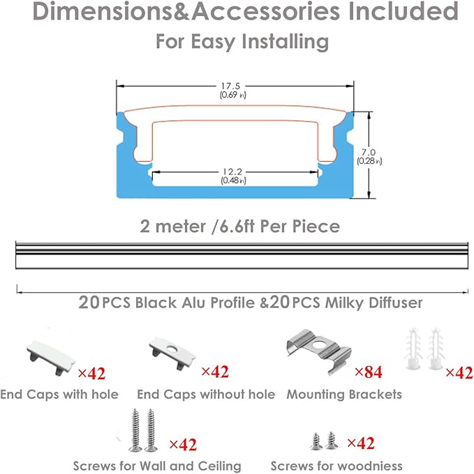 Besseto 20Pack 6.6Ft/2M White LED Aluminum Channel,LED Strip Light Diffuser Aluminum Channel Profile Housing Extrusion for Under Cabinet Counter and Stairs (White-20Pack 6.6ft)