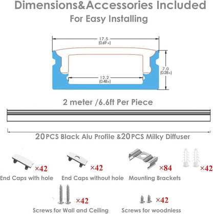 Besseto 20Pack 6.6Ft/2M White LED Aluminum Channel,LED Strip Light Diffuser Aluminum Channel Profile Housing Extrusion for Under Cabinet Counter and Stairs (White-20Pack 6.6ft)