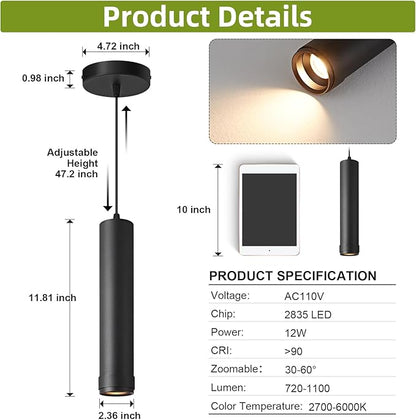 OKELI Black LED Mini Pendant Light, Dimmable Hanging Pendant with Adjustable Beam Angle, 3CCT 2700K–6000K Modern Pendant Light for Kitchen Island, Bar Counter or Bedroom, 12W 11.8", 1 Pack