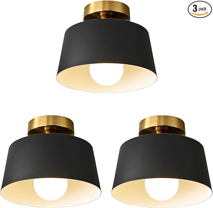 Modern Semi Flush Mount Ceiling Light 3 Pack,Metal Ceiling Light Fixture,E26 Ceramic Lamp Head,Black and Gold Ceiling Lamp for Hallway Kitchen Entryway Bedroom Laundry Room (10Inch)