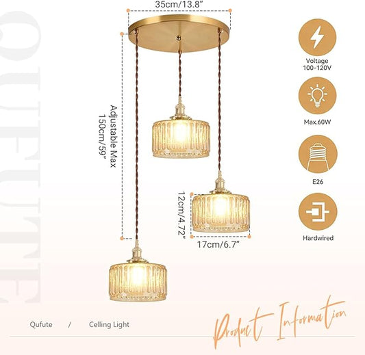 Amber Chandelier Mid-Century Modern Chandelier 3-Light Glass Globes Vintage Gold Brass Finish Striped Glass Hanging Pendant Lights Dining Room Semi Flush Mount Ceiling Light Fixture
