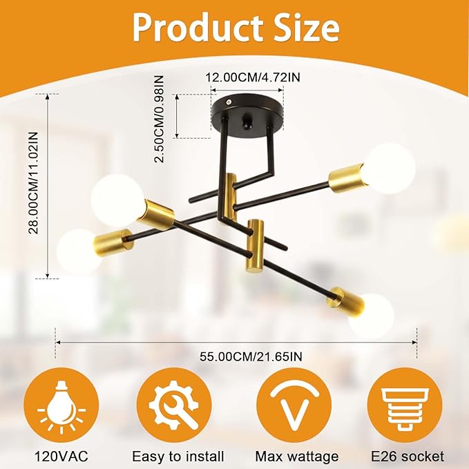 Modern Sputnik Chandelier 4-Light Adjustable Ceiling Light Fixture Semi Flush Mount Ceiling Lamp with E26 Base Industrial Ceiling Light for Dining Room Bedroom Living Room Black and Gold