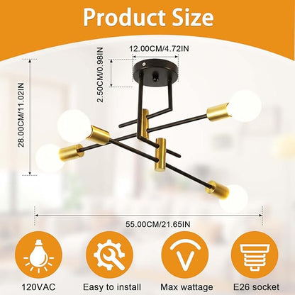Modern Sputnik Chandelier 4-Light Adjustable Ceiling Light Fixture Semi Flush Mount Ceiling Lamp with E26 Base Industrial Ceiling Light for Dining Room Bedroom Living Room Black and Gold