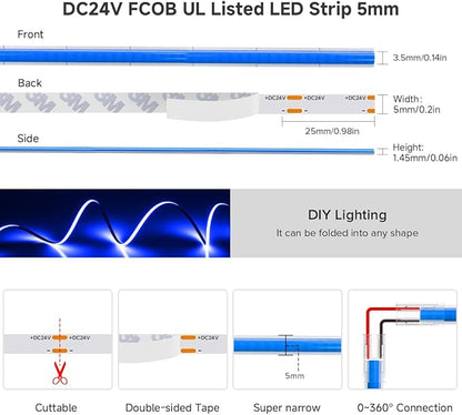 BTF-LIGHTING FCOB COB LED Strip Blue Color 5mm Width UL Listed Super Narrow Flexible Uniform Light DC24V 16.4FT CRI 90+ Dimmable LED Ribbon for Bedroom Home Indoor Decor(No Adapter or Controller)