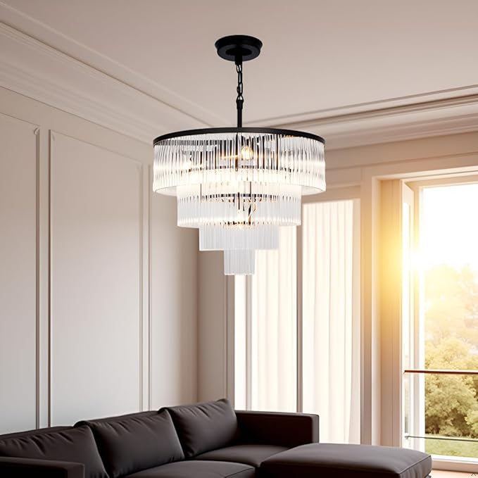 Modern Multi-Tier Crystal Chandelier 4-Tier Round Black Finish Ceiling Light -Cylindrical Glass Rods -Dining Room Living Room Bedroom Entryway -Luxury Lighting Fixture 20''