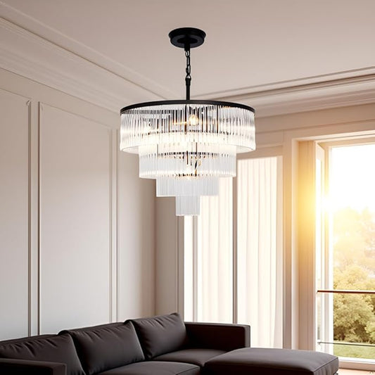 Modern Multi-Tier Crystal Chandelier 4-Tier Round Black Finish Ceiling Light -Cylindrical Glass Rods -Dining Room Living Room Bedroom Entryway -Luxury Lighting Fixture 20''