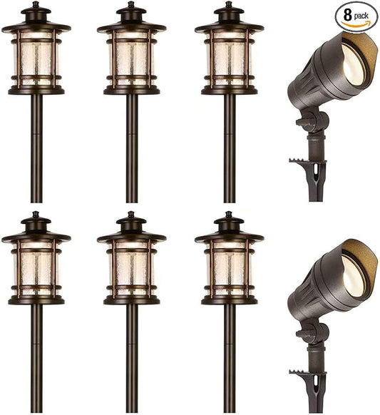 hykolity 8 Pack Low Voltage LED Landscape Kits, 12V-15V Pathway Flood Light Kits, 10W 390LM and 3.4W 155LM Wired for Outdoor Yard Lawn, Die-cast Aluminum, 50W and 30W Equivalent