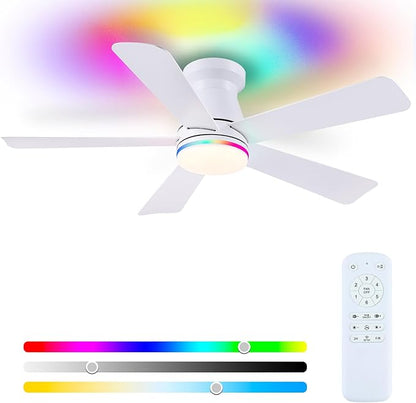 Hounberi 46 Inch Flush Mount Ceiling Fan with RGB Light and Remote, Modern White Low Profile Ceiling Fan for Low Ceilings, 3CCT Dimmable LED, 6 Speeds Quiet Reversible Motor for Bedroom & Living Room