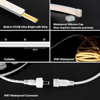 BTF-LIGHTING FCOB COB LED Strip IP67 Waterproof Flexible High Density Uniform Diffused Neon Light 16.4FT DC12V Cool White 6000K 480LED/m CRI 90+ for Indoor Decor(No Adapter or Controller)