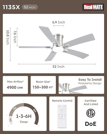 52 Inch Ceiling Fans with Lights and Remote, Nickel Low Profile Ceiling Fan, Flush Mount Style with 5 Blades, For Indoor Bedroom Living Room/Outdoor, 6 Speed Reversible DC Motor, 3CCT Dimmable LED