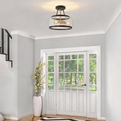 3-Light Semi Flush Mount Ceiling Light Modern Glass Drum Entryway Chandelier Black and Gold Hallway Lights Kitchen Ceiling Lighting Fixtures for Bedroom Foyer Laundry Bathroom Dining Room
