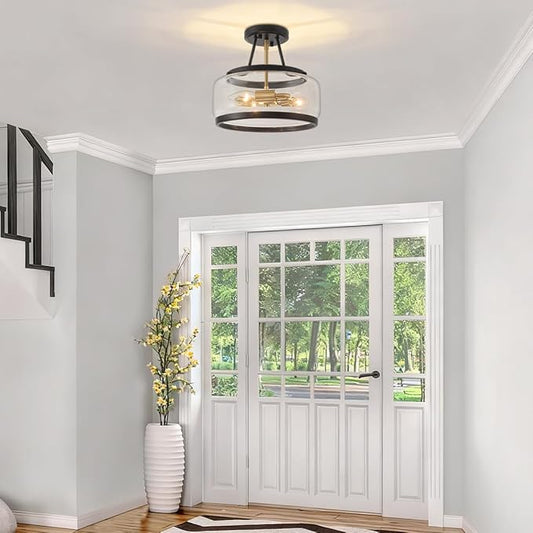 3-Light Semi Flush Mount Ceiling Light Modern Glass Drum Entryway Chandelier Black and Gold Hallway Lights Kitchen Ceiling Lighting Fixtures for Bedroom Foyer Laundry Bathroom Dining Room