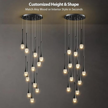 Raindrop Crystal Chandelier High Ceiling: 12 Lights Dimmable LED With Remote - Large Long Modern Bubble Hanging Pendant Light Fixture Spiral Chandeliers for Living Room Staircase Entryway Foyer Black
