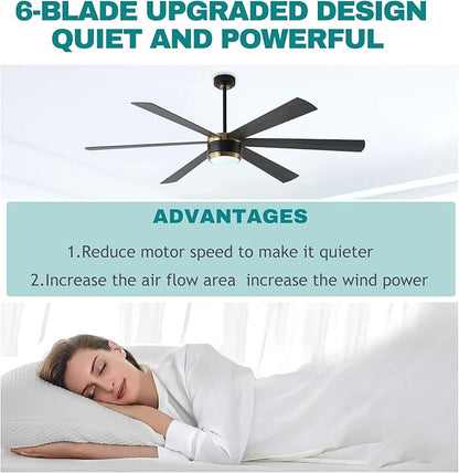 SHOWDI Ceiling Fan with Lights and Remote, 6 Blade App Control Timer Reversible Stepless Brightness and Color Temperature Outdoor Wood Ceiling Fan with Lights (Black-Gold, 72 Inch)