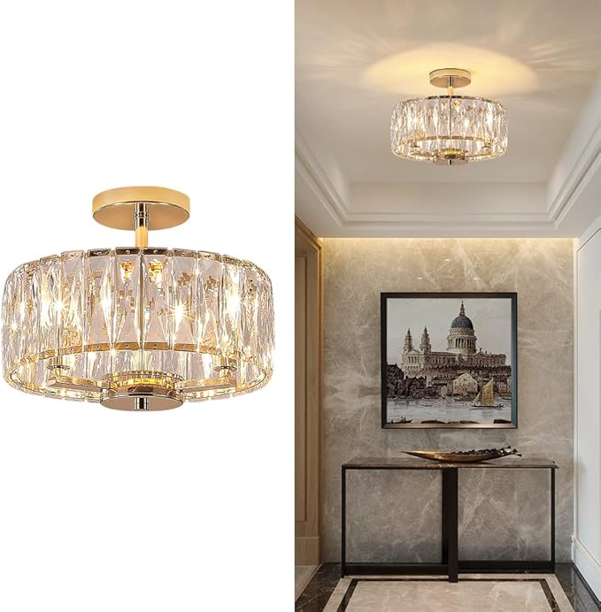 K9 Crystal Gold Chandelier Ceiling Lighting, 3-Lights Modern Mini Crystal Semi Flush Mount Pendant Lamp Fixture with E12 Bulb Base for Living Room Hallway Dining Room Bedroom (H10.4 x D12.5)