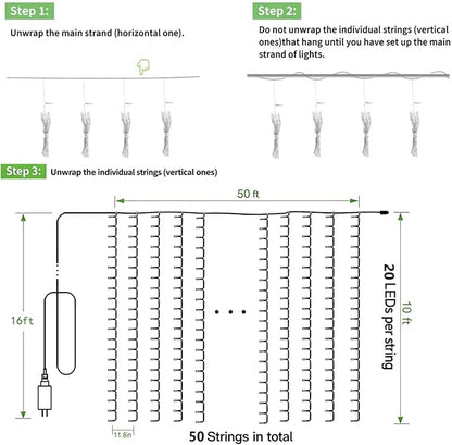 Solhice LED Curtain Lights Outdoor 50ft x10ft, 1000 LED Plug in Hanging String Lights Indoor Bedroom, Twinkle Light Backdrop for Outside Wedding Decor, Warm White (Not Connectable)