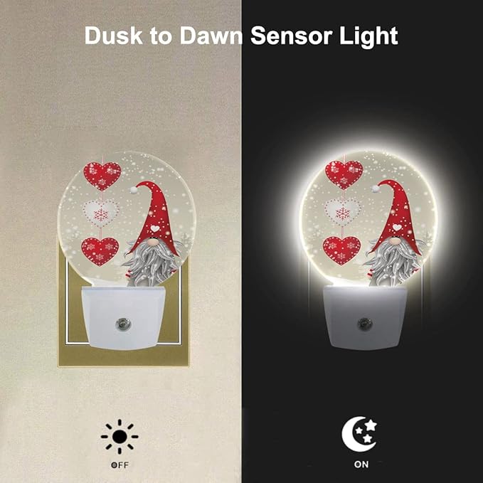 EKOBLA Valentine's Day Gnome Plug-in Night Light, Red Heart & Snowflake LED Nightlight with Auto Sensor, Gift for Men, Women & Kids
