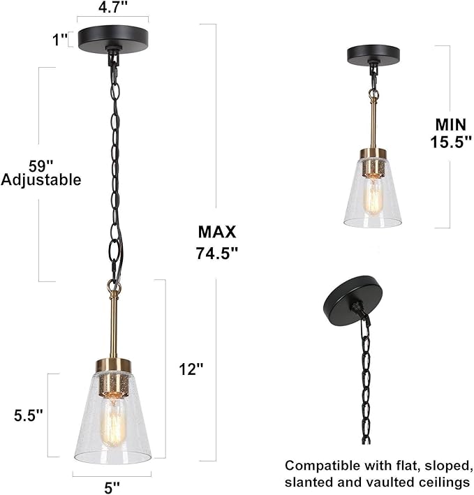 KSANA Black Gold Pendant Light, Modern 1-Light Brass Pendant Lighting Fixture with Seeded Glass Shade and Adjustable Height for Kitchen Island, Dining Room, Foyer and Hallway