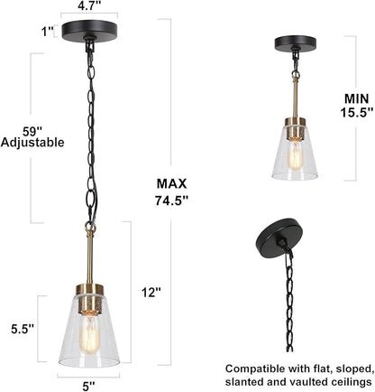 KSANA Black Gold Pendant Light, Modern 1-Light Brass Pendant Lighting Fixture with Seeded Glass Shade and Adjustable Height for Kitchen Island, Dining Room, Foyer and Hallway
