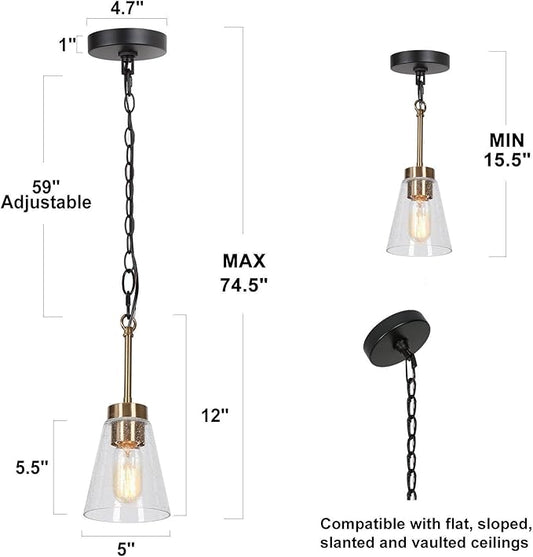 KSANA Black Gold Pendant Light, Modern 1-Light Brass Pendant Lighting Fixture with Seeded Glass Shade and Adjustable Height for Kitchen Island, Dining Room, Foyer and Hallway
