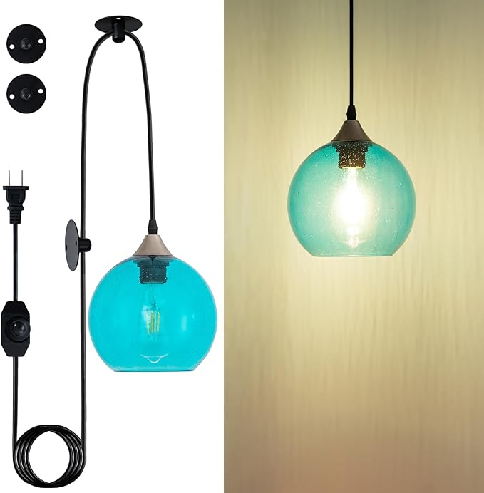 Blue Teardrop Glass Pendant Light Raindrop Bubble Shade Plug in Dimmable Hanging Fixture 16.4 Ft Cord E26 Base for Bedroom Office Coastal Spa Like Atmosphere （Bulb not Included）