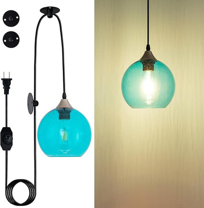 Blue Teardrop Glass Pendant Light Raindrop Bubble Shade Plug in Dimmable Hanging Fixture 16.4 Ft Cord E26 Base for Bedroom Office Coastal Spa Like Atmosphere （Bulb not Included）