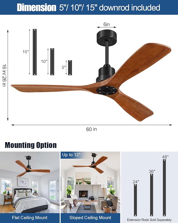 Ceiling Fans With Remote Control, Outdoor Ceiling Fan for Patios Indoor, 3 Downrods, 3 Blades, Timer, 6 Speed Reversible Quiet DC Motor Modern Fan Solid Wood Fan, 60in, Brown