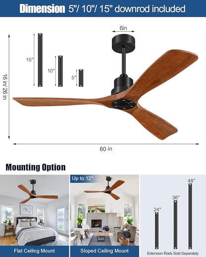 Ceiling Fans With Remote Control, Outdoor Ceiling Fan for Patios Indoor, 3 Downrods, 3 Blades, Timer, 6 Speed Reversible Quiet DC Motor Modern Fan Solid Wood Fan, 60in, Brown