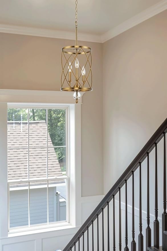 Kira Home Eleanor 27" Modern 3-Light Geometric Gold Lantern Chandelier, Cylinder Trellis Cage Gold Pendant Light with Crystal Finial, Warm Brass Finish