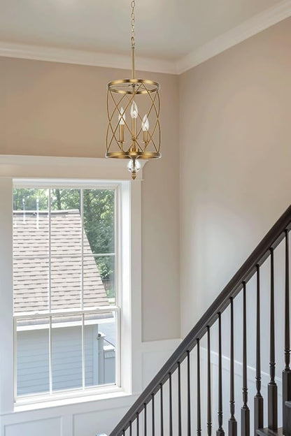 Kira Home Eleanor 27" Modern 3-Light Geometric Gold Lantern Chandelier, Cylinder Trellis Cage Gold Pendant Light with Crystal Finial, Warm Brass Finish