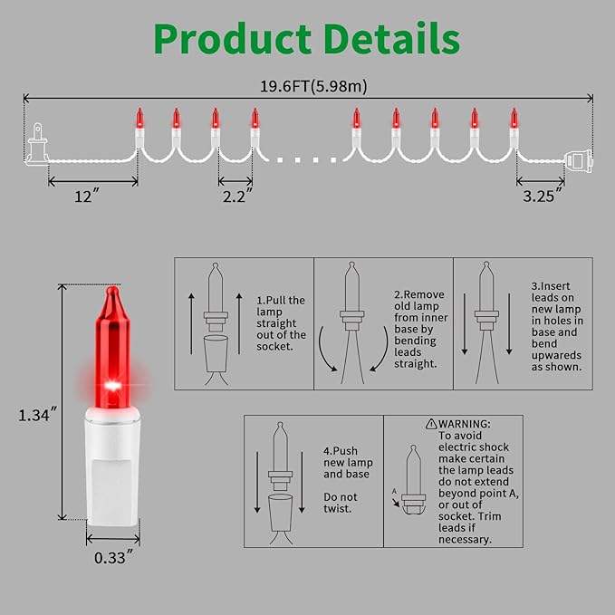 LAMPHOME RED Christmas Lights Set 100 Count 19.6 Feet Incandescent Bulb Mini String Lights for Indoor Christmas Tree Garland Birthday Wedding Party Festival Decoration, White Wire