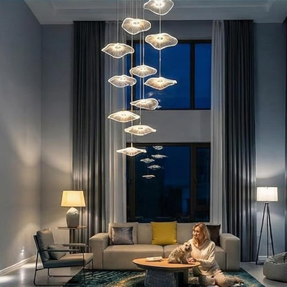 ziidoo High Ceiling Chandelier - 12-Light Dimmable Modern Gold Long Spiral Luxury Linear Lotus Leaf Led Lamp Hanging Pendant Lights for Foyer Enterway Staircase Villas