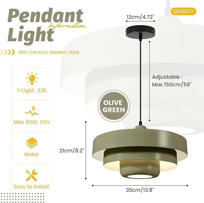 Retro Farmhouse Olive Green Pendant Light, Adjustable 59" Cord Mid Century Modern 3-Tier Hanging Light Fixture for Kitchen Island Dining Room Living Room