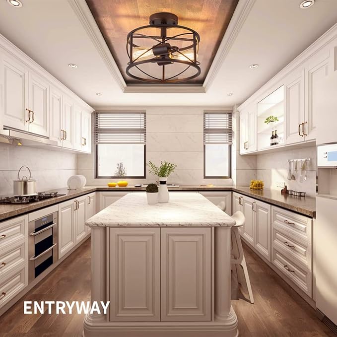 2-Light Semi Flush Mount Black Ceiling Light Fixture, Farmhouse Industrial Metal Cage with Adjustable Height, Dimmable for Hallway Entryway Kitchen Bedroom Foyer Laundry Low Ceiling