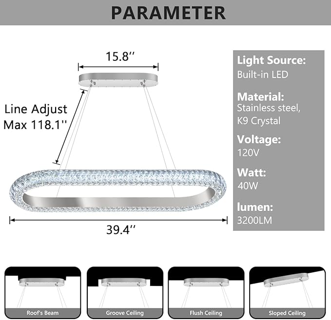 40'' Oval Ring Crystal Chandelier Modern LED Dimmable Ring Pendant Light Chandelier for Dining Room Living Room Silver