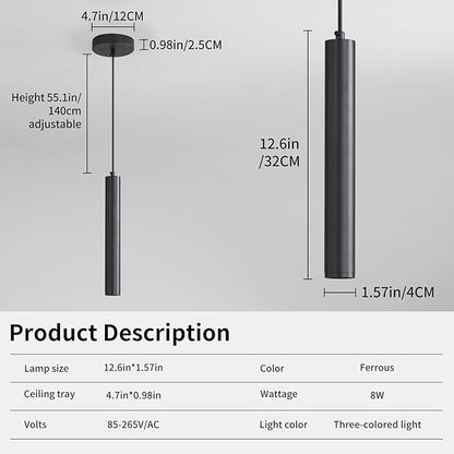 3 Pack Black Pendant Lights for Kitchen Island, Modern Minimalist Linear Hanging Light Fixtures, 3 Color 3000K/4500K/6500K, Ceiling Pendant Lighting for Dining Room, Bedroom, Hallway, Bedside