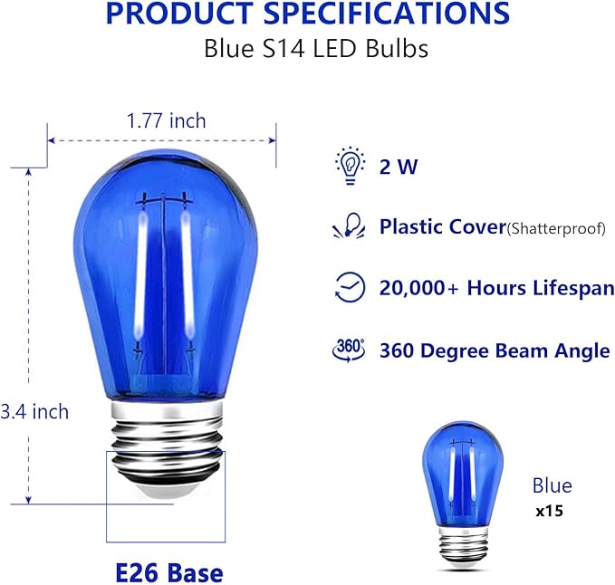 15 Pack S14 LED String Light Bulbs, Shatterproof 2 Watt Blue Replacement Bulbs for Outdoor String Light, Waterproof Decorative E26 Base Blue Filament Edison Christmas Light Bulbs, 120V