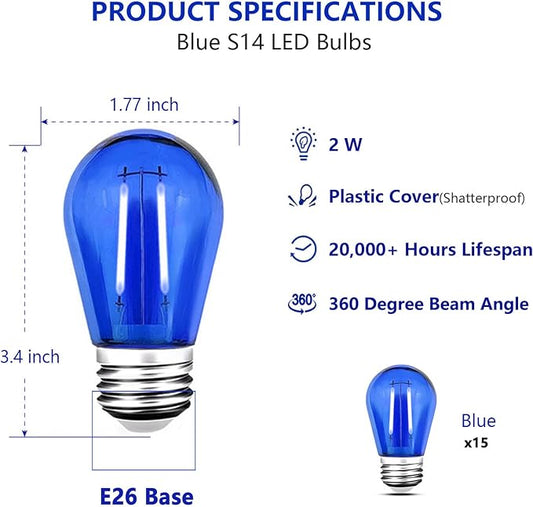 15 Pack S14 LED String Light Bulbs, Shatterproof 2 Watt Blue Replacement Bulbs for Outdoor String Light, Waterproof Decorative E26 Base Blue Filament Edison Christmas Light Bulbs, 120V