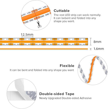 BTF-LIGHTING FCOB COB FOB LED Strip Lights 5V USB Powered 6.56FT 640LEDs Orange Color 8mm Width Dimmable CRI 90+ with 3M Tape Flexible High Density for 3D Printer TV Backlight PC DIY Decor