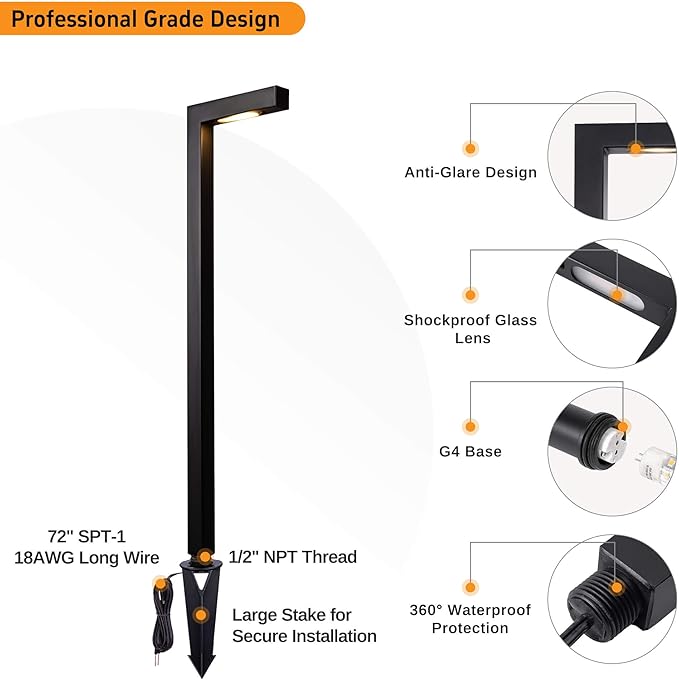Gardenreet Outdoor Pathway Lights Brass, LED Landscape Path Lights, Low Voltage Driveway Lights Waterproof, L Shape 12V Wired Black for Walkway Sidewalk with 3W 270LM 2700K G4 Bulb 6 Pack