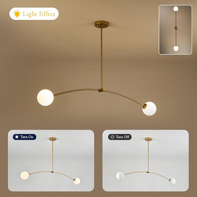 Mid Century Chandelier L45” Modern Gold Sputnik Light Fixture 2 Lights Milk Glass Globe Ceiling Pendant Lighting Contemporary for Kitchen Island Dining Room Home Office Bar