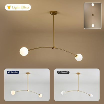 Mid Century Chandelier L45” Modern Gold Sputnik Light Fixture 2 Lights Milk Glass Globe Ceiling Pendant Lighting Contemporary for Kitchen Island Dining Room Home Office Bar