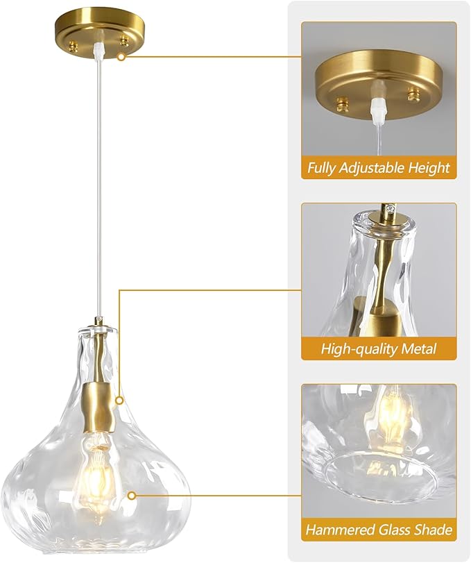 Modern Glass Pendant Light 9.44 in Clear Hammered Glass Shade Gold Farmhouse Island Pendant Lights for Kitchen Pendant Lighting Over Sink Bedroom Dining Room (1 Pack)
