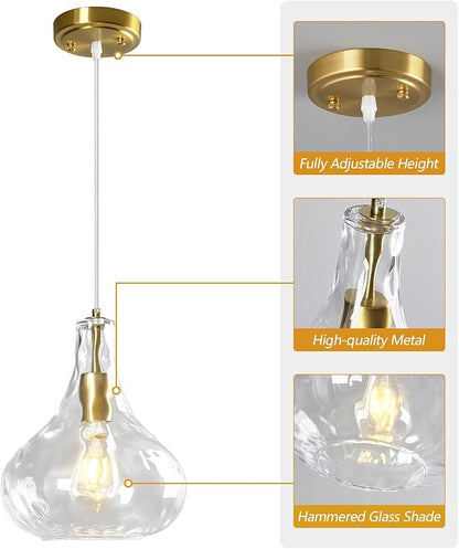 Modern Glass Pendant Light 9.44 in Clear Hammered Glass Shade Gold Farmhouse Island Pendant Lights for Kitchen Pendant Lighting Over Sink Bedroom Dining Room (1 Pack)