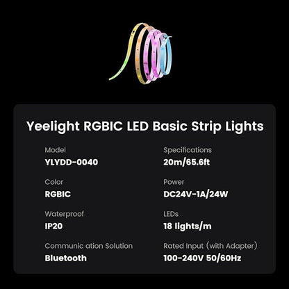 YEELIGHT LED Strip Lights, 66FT Smart Light Strips with 360 LEDs & Music Sync, RGB Color Changing Light with Bluetooth Connected and APP Control, Lights for Bedroom, Home Room Decor, Party, 2x33FT
