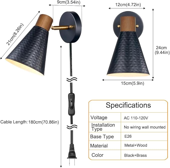 Black Plug in Wall Sconces Set of 2, Modern Bedroom Wall Light with on/off Cord, Wooden Plug Sconce with Hammered Metal Shade, Corded Wall Sconce Light for Decor Bedroom, Living Room, Hallway