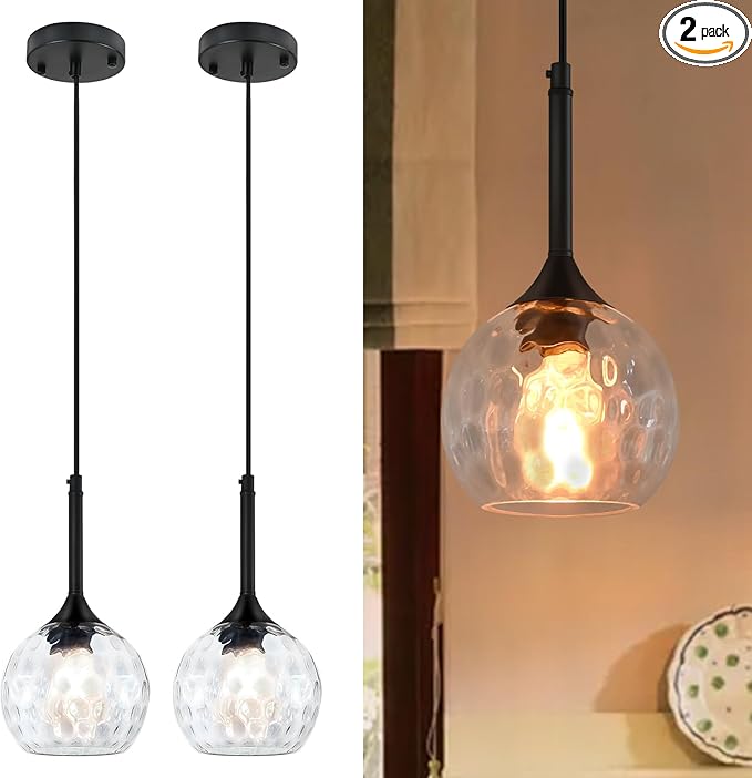Glass Pendant Lights Kitchen Island: 5.91'' 2-Pack 1-Light Hammered Glass Pendant Light with Black Finish - Modern Minimalist Hanging Light Fixture for Kitchen Sink Dining Room Bathroom