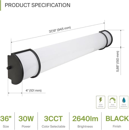 ASD LED 36" Vanity Flush Mount Light Fixture, Linear Bathroom Lighting Bar | 3CCT, Dimmable, Energy Star, ETL Listed | 30W 2650LM 3000-5000K 120V | Long Bath Wall Sconce Over Mirror | Black, 2 Pack